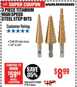 Titanium High Speed Steel Step Bit Set 3 Pc