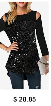 Black Curved Hem Sequin Embellished Cold Shoulder T Shirt