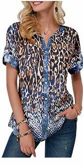 Split Neck Button Front Leopard Print Blouse