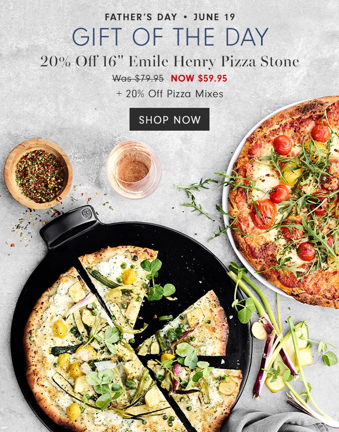 father’s day • June 19 - Gift of the day - 20% Off 16" Emile Henry Pizza Stone - NOW $59.95 + 20% Off Pizza Mixes - SHOP NOW