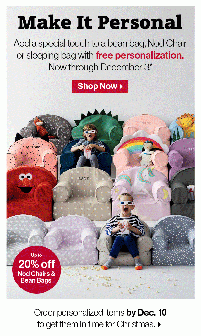 Free Personalization Plus Up to 20% off Nod Chairs and Bean Bags