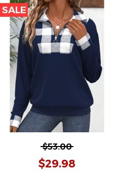 Navy Patchwork Plaid Long Sleeve Turn Down Collar Sweatshirt