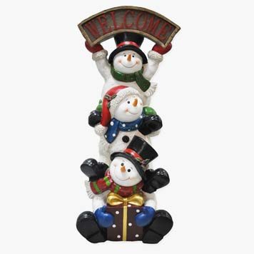 snowmen stacking in a row with welcome sign