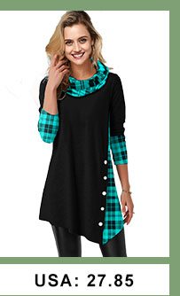 Cowl Neck Plaid Print Asymmetric Hem T Shirt