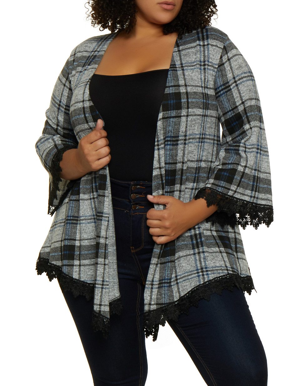 Plus Size Crochet Trim Plaid Kimono