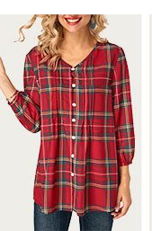 V Neck Plaid Print Button Up Blouse