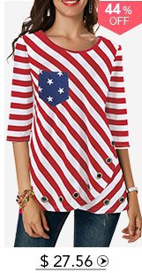 Three Quarter Sleeve Flag Print Red T Shirt