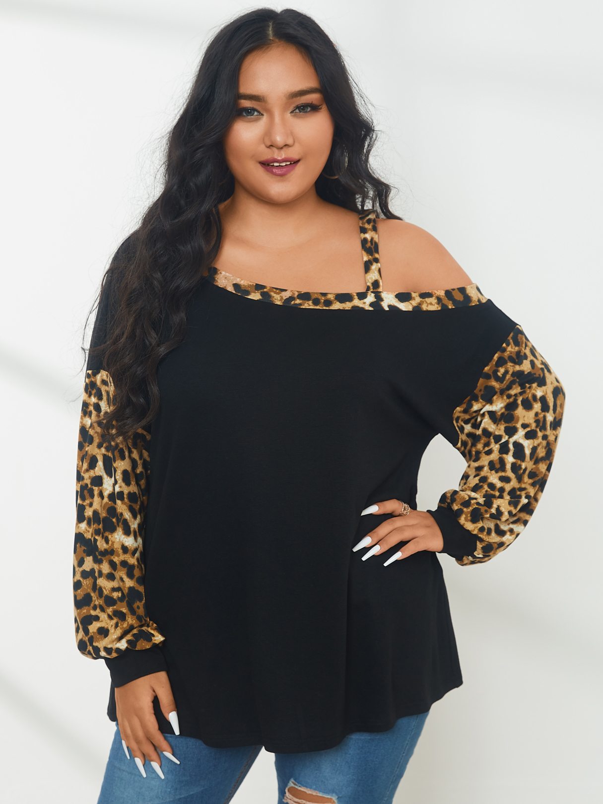 Plus Size Cold Shoulder Patchwork Leopard Long Sleeves Tee