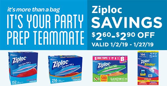 It's more than a bag, it's your party prep teammate. Ziploc savings $2.60-$2.90 OFF. Valid 1/2/19 - 1/27/19.