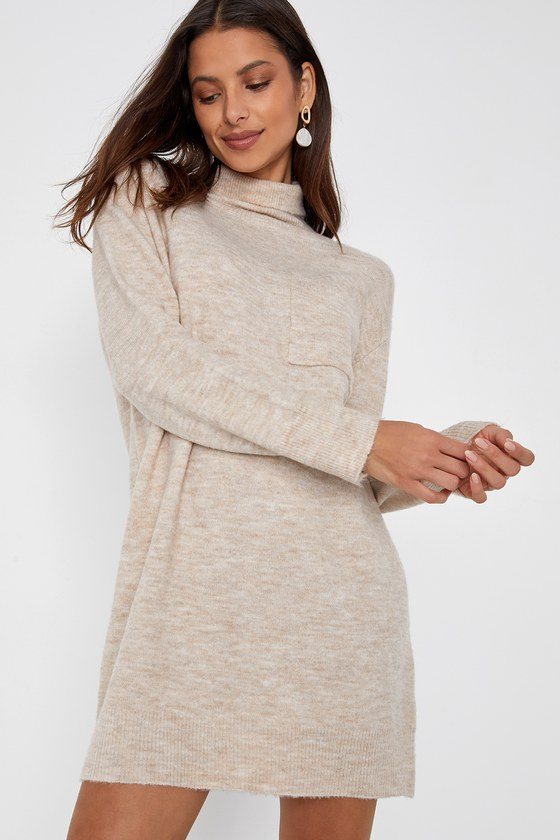 Image of Positively Charming Heather Beige Turtleneck Mini Sweater Dress