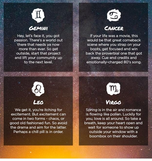 Gemini - Hey, let's face it, you got passion. There's a world out there that needs ya now more than ever. So get outside, start that project and lift your community up to the next level. Cancer - If your life was a movie, this would be that great comeback scene where you strap on your boots, get focused and win back the proverbial one that got away. Cue end credits and emotionally-charged 80's song. Leo - We get it, you're itching for excitement. But excitement can come in two forms - chaos, or good old fashioned fun. So avoid the drama and aim for the latter. Perhaps a chill pill is in order. Virgo - Spring is in the air and romance is flowing like pollen. Luckily for you, love is all around. So take a breath, keep your heart open and wait for someone to show up outside your window with a boombox on their shoulder.