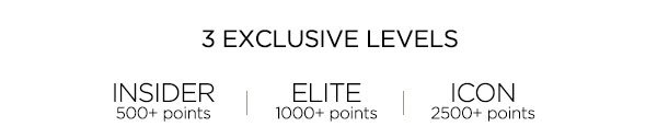 3 EXCLUSIVE LEVELS INSIDER 500+ points ELITE 1000+ points ICON 2500+ points