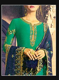 Embroidered Satin Georgette Pakistani Suit in Teal Green