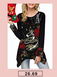 Christmas Print Asymmetric Hem Black T Shirt