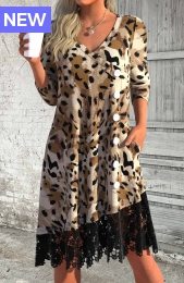 Dark Coffee Patchwork Leopard A Line Long Sleeve Dress