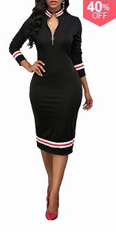 Striped Hem Zipper Front Black Sheath Dress