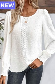 White Embroidery Long Sleeve Round Neck Blouse