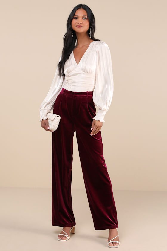 Image of Posh Idea Plum Velvet High-Rise Straight Leg Trouser Pants