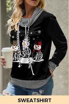 ROTITA Patchwork Snowman Print Black Cowl Neck Christmas Sweatshirt