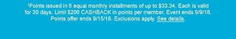 †Points issued in 6 equal monthly installments of up to $33.34. Each is valid for 30 days. Limit $200 CASHBACK in points per member. Event ends 9/9/18. Points offer ends 9/15/18. Exclusions apply. See details.