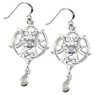 Silver Heart Pentacle Earrings with Rainbow Moonstone Accents