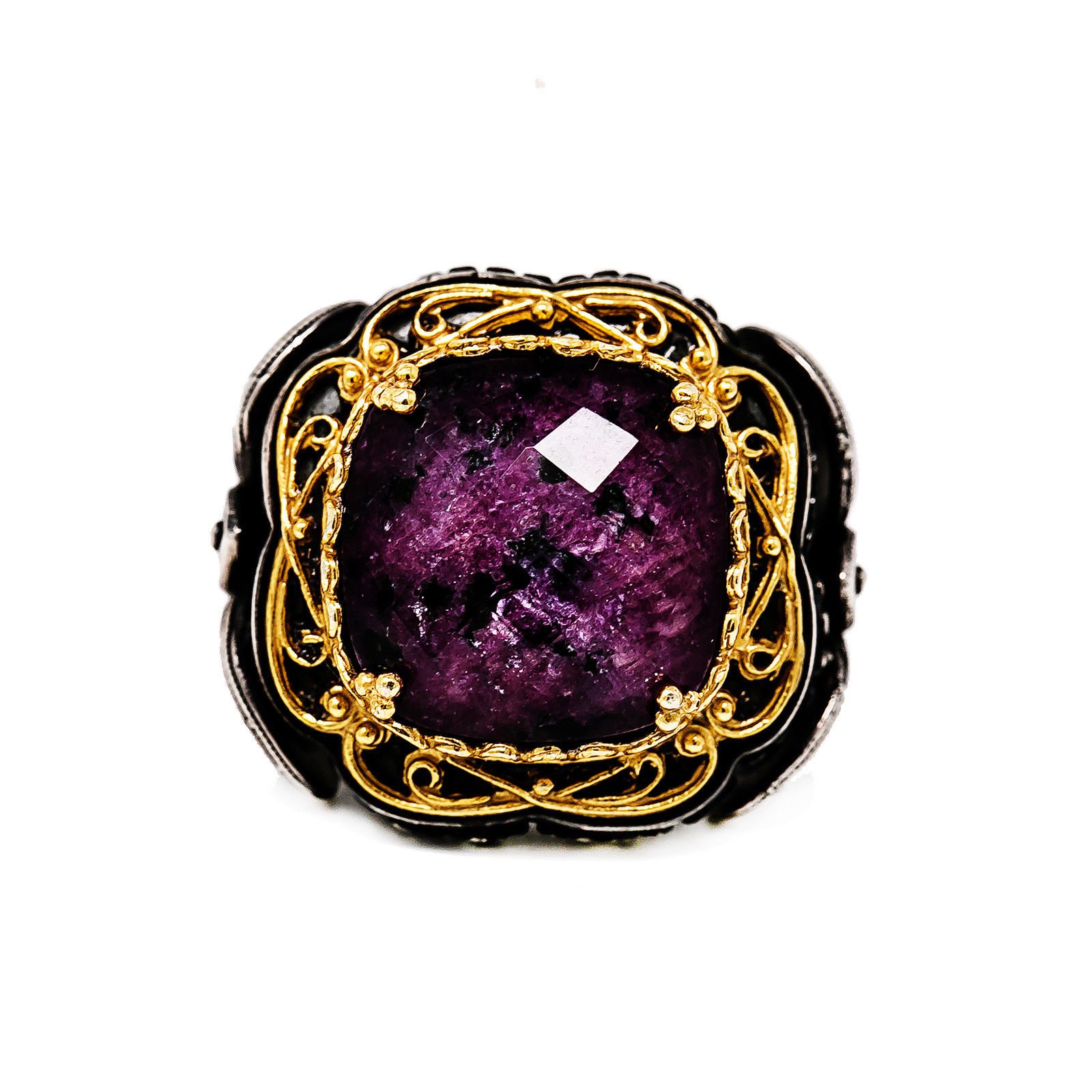 Image of Demitrios Exclusive 925 Sterling Silver Gold Plated Art Deco Purple Stone Ring Size 7.5