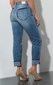 Lazy Day Cuffed Boyfriend Jean is a light wash, sturdy denim jean complete with a folded cuff hum, front and back pockets, mid waist rise and zipper fly fasten.