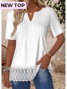 ROTITA Embroidery White Split Neck Short Sleeve T Shirt