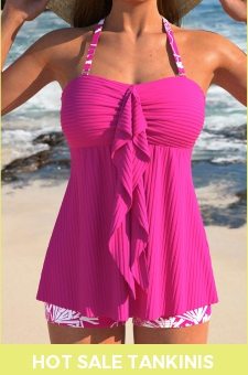 ROTITA Ruffle Hot Pink Tropical Plants Print Tankini Set