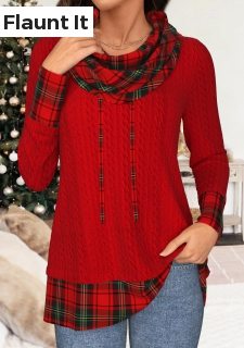 Christmas Red Patchwork Plaid Long Sleeve Cowl Neck Sweatshirt