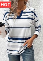 White Patchwork Striped Long Sleeve Split Neck T Shirt