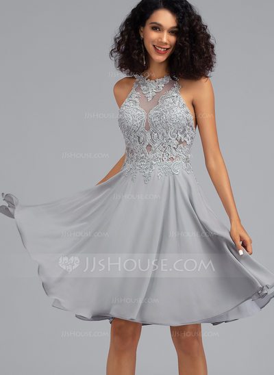 A-Line Scoop Neck Knee-Length Chiffon Prom Dresses With Sequ...