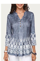 Button Detail Split Neck Printed Pleated Blouse