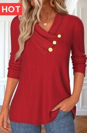 Red Button Long Sleeve V Neck T Shirt