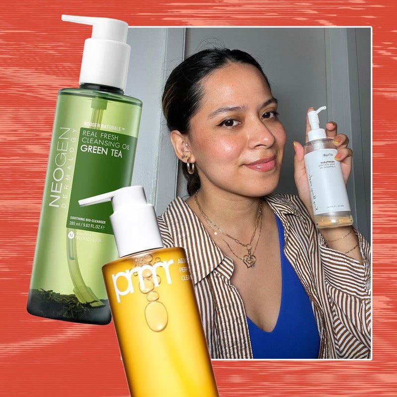 Best cleansing oils collage featuring two products and Glamour staff holding product