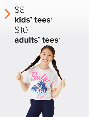 A girl in a white shirt with the word Barbie in pink, and blue palm trees. $8 kids' tees, $10 adults' tees.