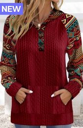 Wine Red Patchwork Tribal Print Long Sleeve Hoodie