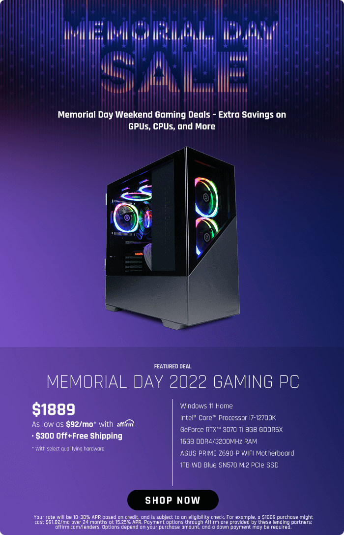 Memorial Day 2022 Gaming PC – Starting $1889 after $300 Off + Free Shipping