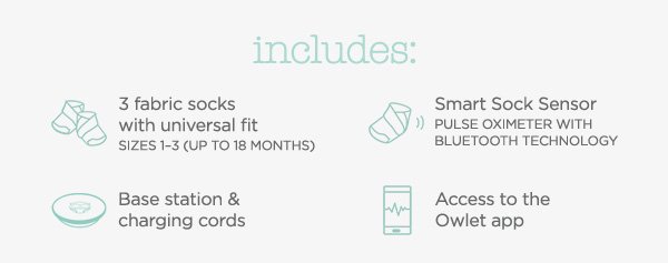 Includes 3 fabric socks with universal fit, smart sock sensor, base station & charging cords, and access to the Owlet app