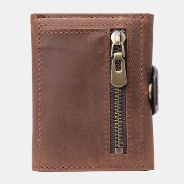 Ekphero Men Genuine Leather Vintage Casual Trifold Short Multi-Card Slots Snap Closure Zipper Coin Pocket Wallet