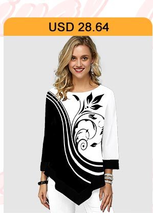 Asymmetric Hem Flower Print Three Quarter Sleeve T Shirt