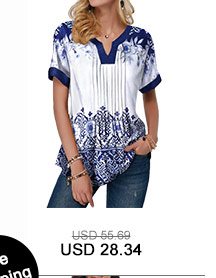 Short Sleeve Retro Print Split Neck Blouse