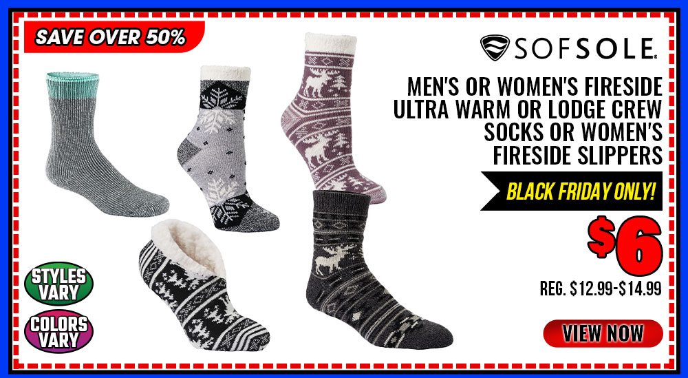 ''Sof Sole Men's or Women's Fireside Ultra Warm or Lodge Crew Socks or Women's Fireside Slippers''