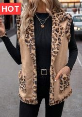 Light Coffee Patchwork Leopard Sleeveless Turn Down Collar Waistcoat