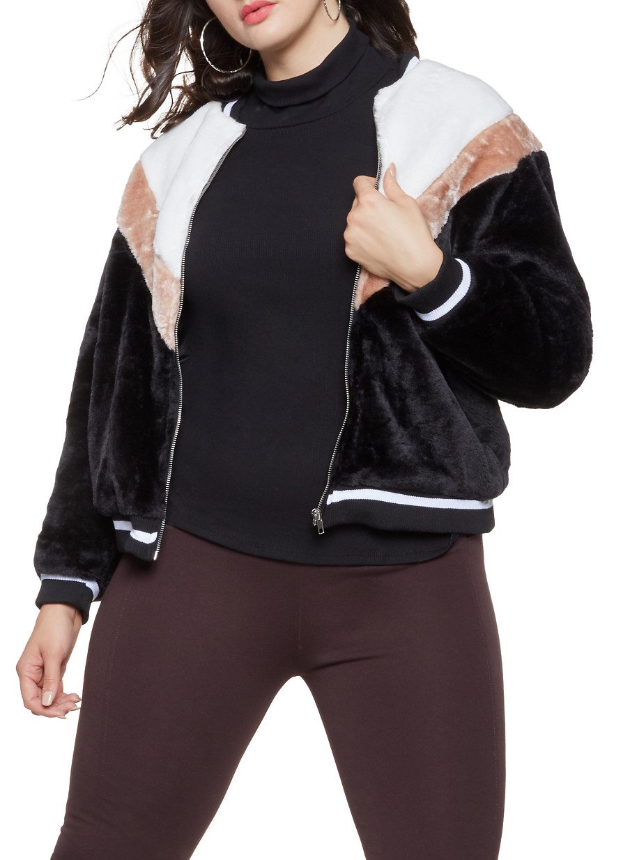 Plus Size Faux Fur Color Block Bomber Jacket