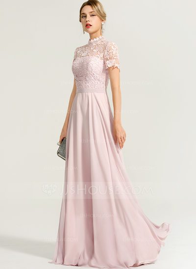 A-Line High Neck Floor-Length Chiffon Bridesmaid Dress (0072...