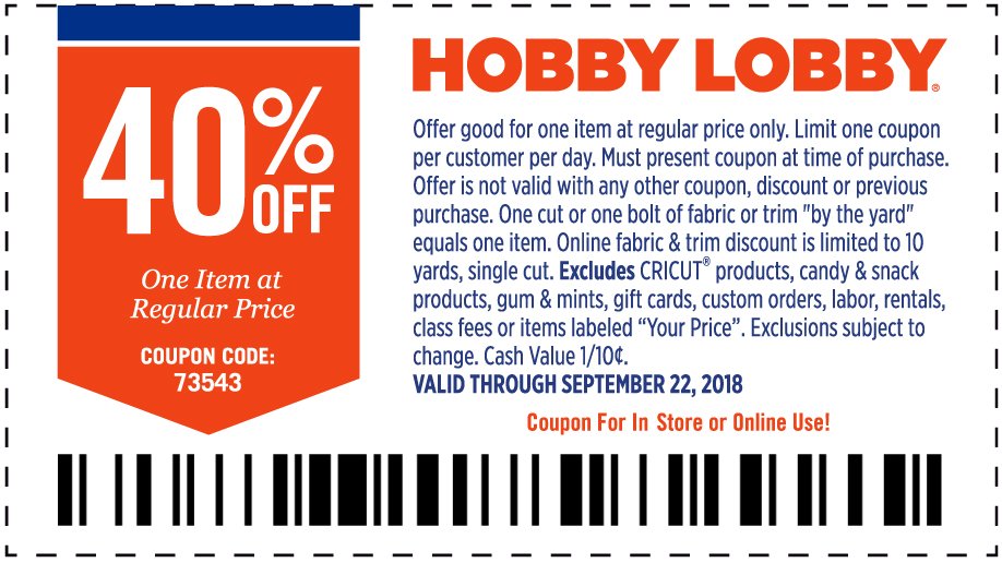 40% Off One Item At Regular Price. Valid through September 22, 2018. *See Full Coupon For Details