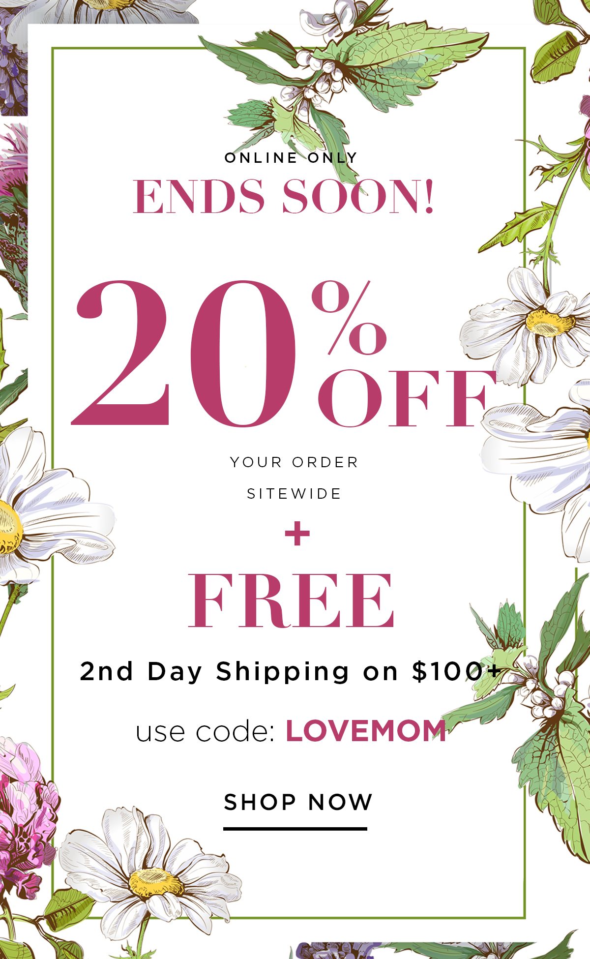 Online Only Ends Soon! 20% Off Your Order Sitewide + Free 2nd Day Shipping On $100+ Use Code: LOVEMOM- Show Now