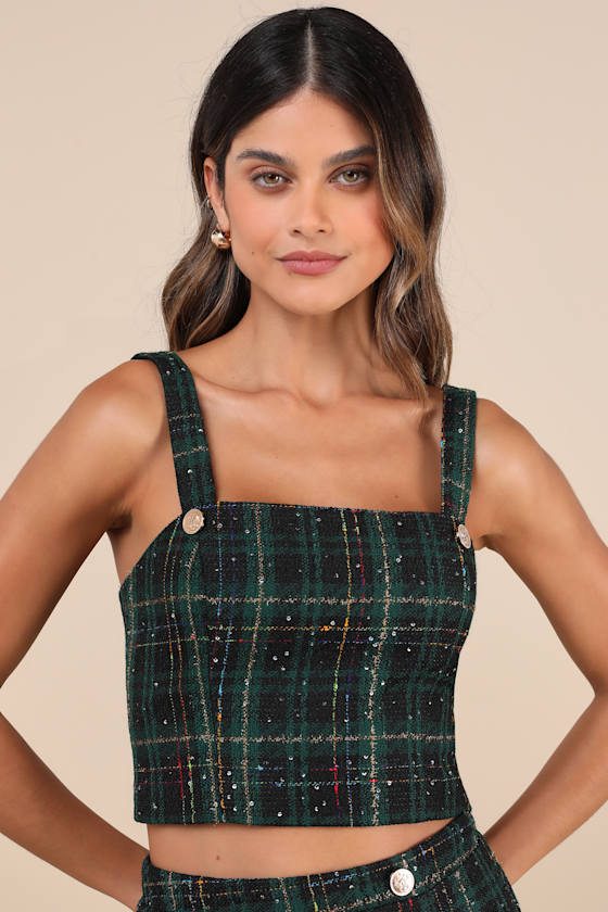 Image of Adorably Posh Dark Green Multi Plaid Tweed Crop Top