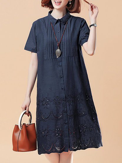 Collar Casual Pleated Eyelet ...